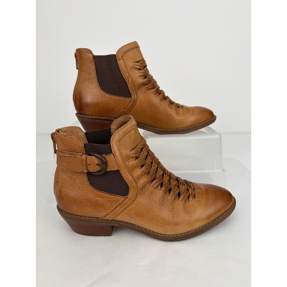 Sofft Woven Leather Ankle Boots 7.5 Tan Buckle Western Booties